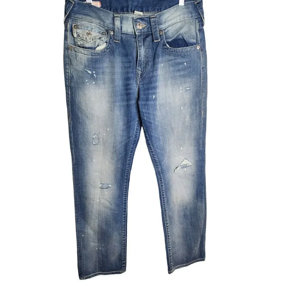 True Religion Mens Ricky Relaxed Straight Flap Jeans sz 32×33 factory distressed